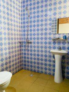 ein blau gefliestes Badezimmer mit Toilette und Waschbecken in der Unterkunft Résidences Lysette 3 in Bouaké