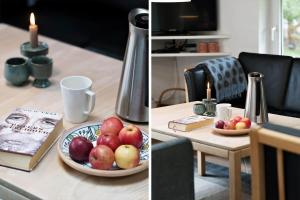 dwa zdjęcia stołu z talerzem jabłek i świecami w obiekcie 40798-Ulfborg-Helmklit-324 w mieście Fjand Gårde