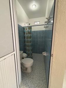 a bathroom with a toilet and a shower at HOTEL VILLA CALAKMUL in Xpujil