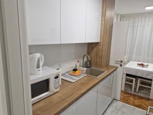 un comptoir de cuisine avec un micro-ondes et un évier dans l'établissement Apartman Leskovac, à Leskovac