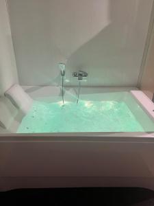 d'une baignoire remplie d'eau avec un robinet. dans l'établissement La Maison Du Plaisir Loveroom Pontorson, à Pontorson