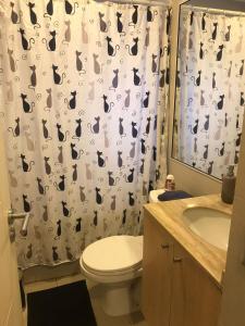 a bathroom with a toilet and a shower curtain at Lagos Temuco in Temuco