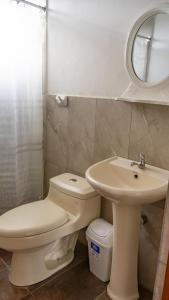 アンダワイラスにあるHotel Castilla Andahuaylasのトイレ、洗面台、鏡を備えたバスルーム