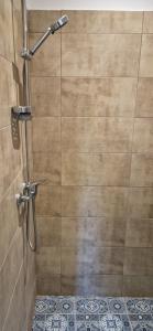 a shower in a bathroom with a glass door at Pink House in Rīga +17 photos