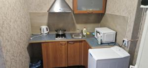 a small kitchen with a sink and a microwave at Pink House in Rīga