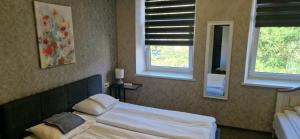 a bedroom with a bed and two windows at Pink House in Rīga