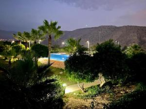 a swimming pool with palm trees and a mountain at Sun, Pool & Beach - Imi Ouaaddar Getaway in Agadir nʼ Aït Sa