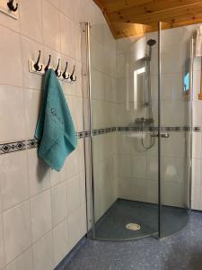 a shower with a glass door in a bathroom at Storevatn Fritid in Masfjorden +16 photos