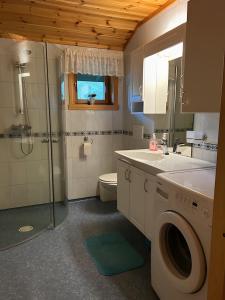 a bathroom with a toilet sink and a washing machine at Storevatn Fritid in Masfjorden