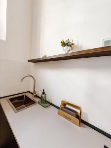 a kitchen counter with a sink and a shelf at I pensieri di Carolina - Palazzo Carolina in Pescara +6 photos