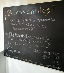 a blackboard with the names of strawberries written on it at Hospedaje Anturios Valle de Bravo in Valle de Bravo
