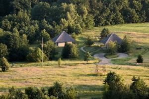 a group of cottages in a field with trees at Sauseriai - Inspired by Nature S2 in Prystovai