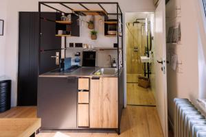a small kitchen with a sink and a shower at i'm at the loft 1 Stylish Studio Osijek in Osijek
