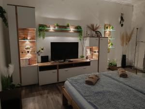 a bedroom with a tv and a bed with shoes on it at Panoráma 4U in Tapolca