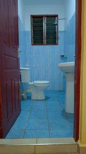 a bathroom with a toilet and a sink and a red door at Indian ocean apartments you get the master bedroom with the private bathroom and the host sleeps in the other bedroom you share kitchen anc living room in Mombasa