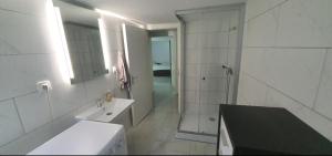 a white bathroom with a sink and a shower at Apartment im Grünen bis 7 Personen in Buchholz in der Nordheide