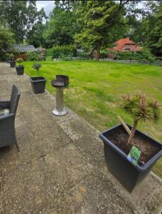 a garden with a grill and a potted plant at Apartment im Grünen bis 7 Personen in Buchholz in der Nordheide