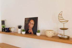 ein Regal mit Pflanzen und einem Porträt eines Mannes in der Unterkunft Modern stay near River Plate's Stadium by deppto in Buenos Aires + 6 Fotos