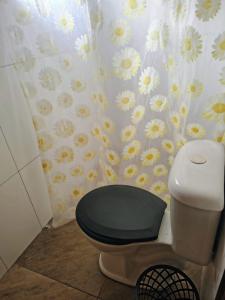 a bathroom with a toilet with a flowery shower curtain at Chale das estrelas in São Thomé das Letras