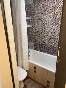 a bathroom with a tub and a toilet and a shower at Lelle Stay in Kuldīga +13 photos