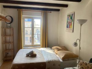 a bedroom with a bed and a large window at Confortable studio centre ville in Nancy