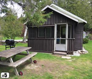 una casa pequeña con una mesa de picnic y una parrilla en Ambleside - 2-Bedroom Cottage #5, en Kawartha Lakes