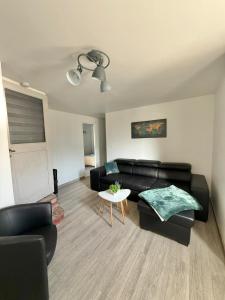 a living room with a black couch and a table at Maison au milieu des vignes in Aigues-Vives