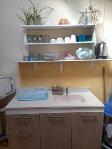 una cucina con lavandino e scaffali con stoviglie di El chilco a San Carlos de Bariloche