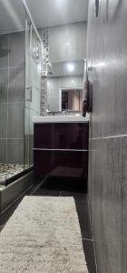 a bathroom with a shower and a sink and a rug at Le calme ensoleillé in Paris