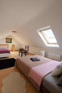 a bedroom with two beds and a skylight at Roissy CDG, private room 4 in Roissy-en-France
