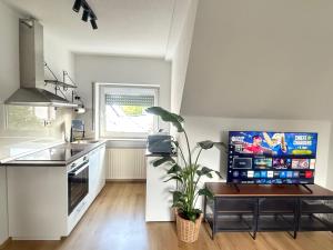 a kitchen with a table with a plant on it at FeWo & Monteurwohnungen 2 in Iserlohn