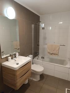 une salle de bain avec un lavabo, des toilettes et une baignoire dans l'établissement Depto 103 barrio universitario con estacionamiento, à Concepción 10 autres photos
