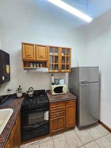 a kitchen with wooden cabinets and a stainless steel refrigerator at Casa Moré centrica con cochera doble in Rosario