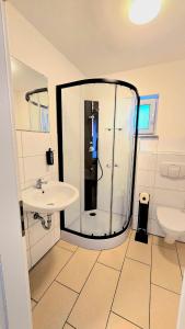 a bathroom with a glass shower and a sink at Arcade Apartment Bad Oldesloe in Bad Oldesloe
