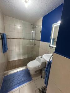 ein blau-weißes Bad mit einem WC und einer Dusche in der Unterkunft Histórico 1 Apartment GUA in Estación La Ermita