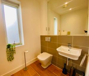a bathroom with a toilet and a sink and a mirror at Superb House Sleeps 7 parking in Cambridge in Trumpington +21 photos