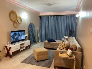 Μια τηλεόραση ή/και κέντρο ψυχαγωγίας στο Cosy roadside apartment with fiber internet