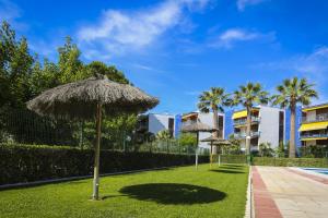 a row of umbrellas on a lawn with palm trees at Reus mediterrani in Vilafortuny