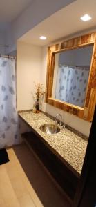 eine Badezimmerablage mit Waschbecken und Spiegel in der Unterkunft Alojamiento ideal en zona norte de Córdoba Capital in Cordoba + 13 Fotos