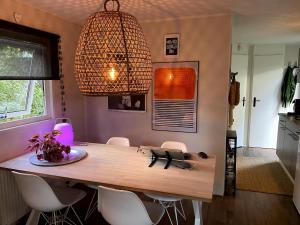 a dining room table with chairs and a light fixture at Het Relaxplekje 4 persoons chalet privé hottub in Voorthuizen