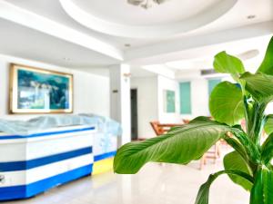 ein Wohnzimmer mit einem Bett und einer Pflanze in der Unterkunft BT Grand Condotel in Udon Thani