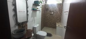 a small bathroom with a toilet and a shower at Sitio Vivendas da Lua in Juiz de Fora