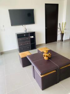 un salon avec une table basse et une télévision à écran plat dans l'établissement Acacia Resort, Nuevo Vallarta, à Nuevo Vallarta