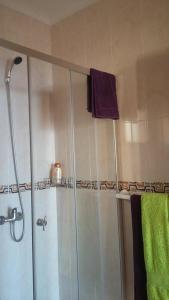 y baño con ducha y toalla púrpura. en Maison Zita, en Venda do Atalhinho