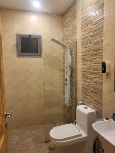 La salle de bains est pourvue de toilettes et d'une télévision murale. dans l'établissement Smart Stay 2, à Djeddah 16 autres photos