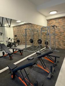 a gym with several tread machines in a room at Comodo y hermoso departamento en centro histórico in Santiago