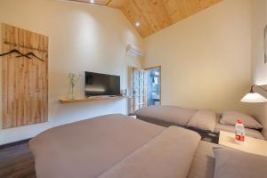 a bedroom with two beds and a tv and a couch at Floral Moganshan Natural Residence Pet Resort B&B in Huzhou +39 photos