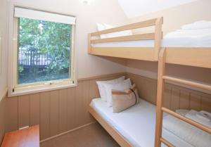 a bedroom with bunk beds and a window at Autumn Leaf Cottage 2 in Harrietville