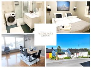 a collage of pictures of a hotel room with a bed and a table at Large Narvik Home W Fjord view parkinge31 in Narvik