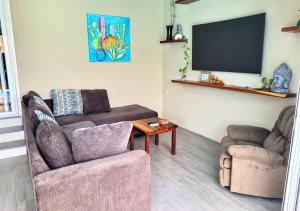a living room with a couch and a tv at Casa Cactus - 2-Story Home with Garden and Pool in Puerto Escondido